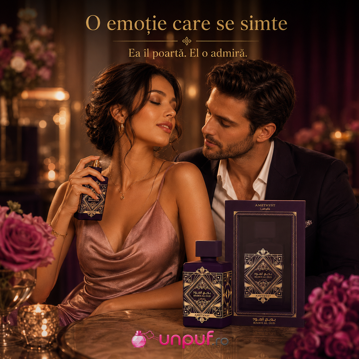 Prezentare parfum Lattafa Bade'e Al Oud Amethyst cu ambalaj premium și flacon mov elegant